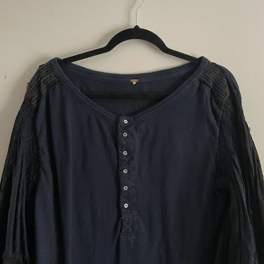 Free People S Deepest Navy Boho Balloon Sleeves Smocked Light Magic Henley Shirt